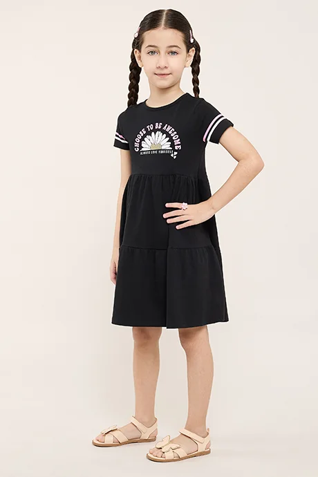أر أند بي Printed Flared Dress Wit Crew Neck and Short Sleeves