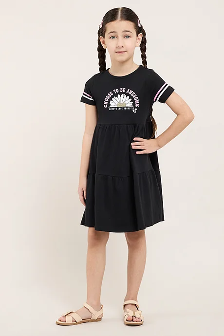 أر أند بي Printed Flared Dress Wit Crew Neck and Short Sleeves