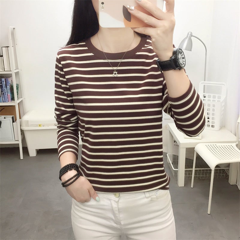 Outer Wearing Long-Sleeved T-Shirt Women'S Loose Plus Size Autumn Clothes Base Shirt Middle-Aged Mother'S Early Autumn Striped Top - Image 1