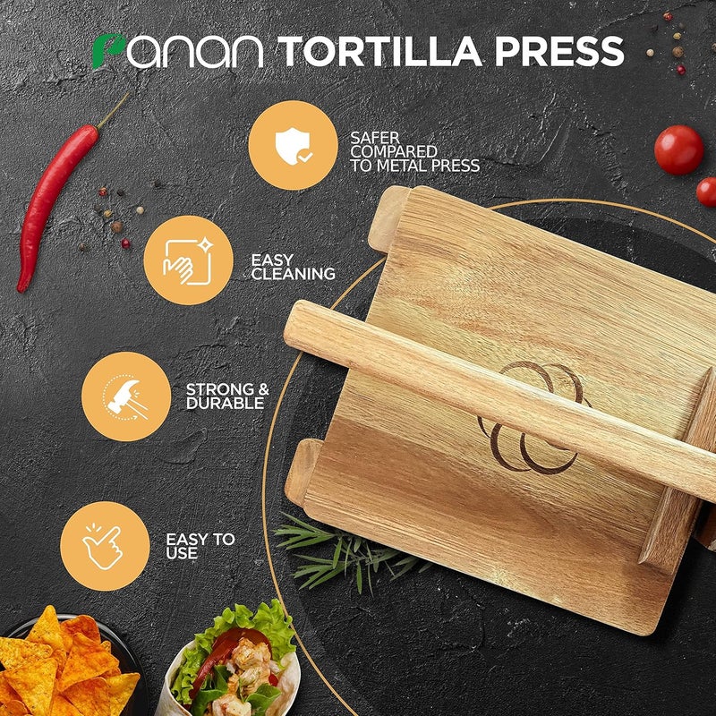 panan Wooden Tortilla Press Mexican Tortillera Presser Made from Natural Food-Grade Acacia Wood - Large Wood Pataconera with 50 Pieces Parchment Paper, Dough Cutter and Recipes eBook (Square 10") - Image 3