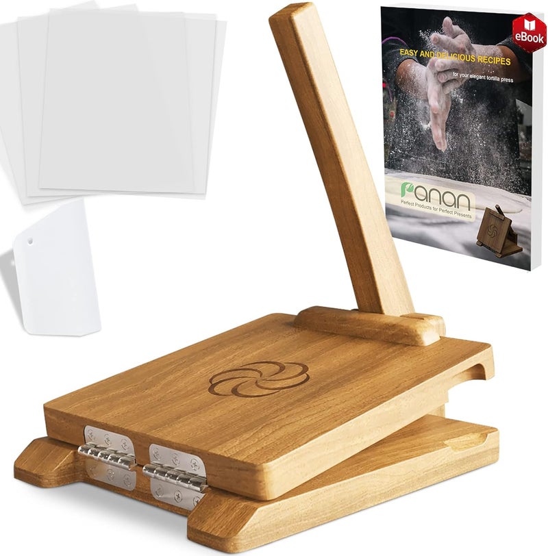 panan Wooden Tortilla Press Mexican Tortillera Presser Made from Natural Food-Grade Acacia Wood - Large Wood Pataconera with 50 Pieces Parchment Paper, Dough Cutter and Recipes eBook (Square 10") - Image 1