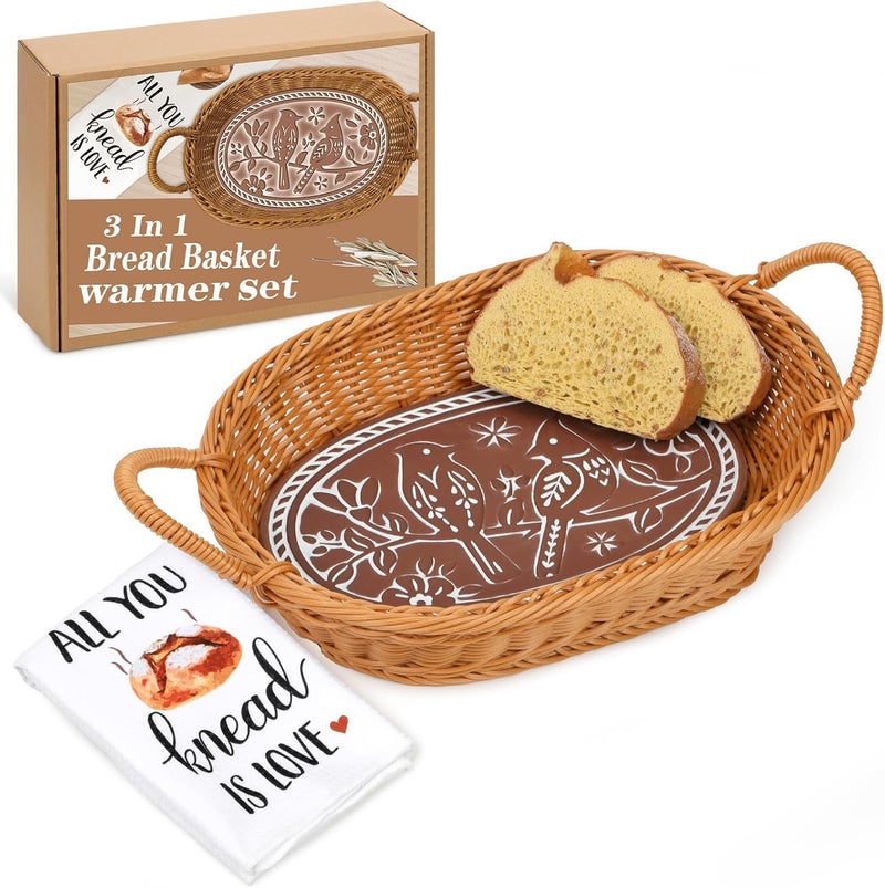 Huray Rayho Bread Warmer Basket with Stone Bread Basket for Serving Tortilla Warmer Basket with Kitchen Towel Bird on Branch Terracotta Warmer Bread Basket Thanksgiving Christmas Housewarming Gift - Image 1