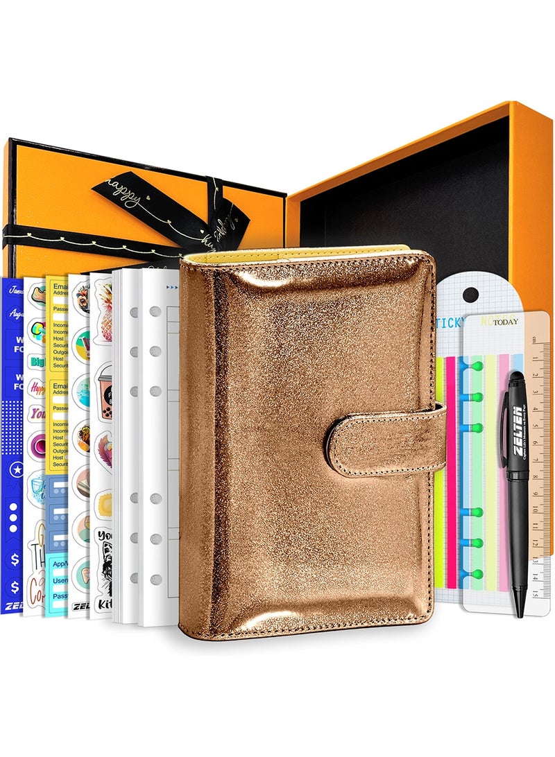 Zelten PU Leather Personal Notebook Planner with 67 Pages Loose-Leaf Papers 6 Holes Ring Binder Pen Holder Magnetic Buckle  (Brown Glitter) - Image 2