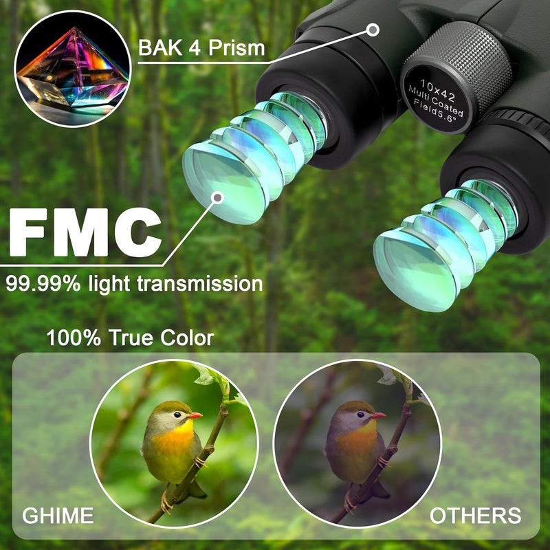GHIME 10x42 Ultra HD Binoculars for Adults with Phone Adapter | Large View, Low Light Vision, Waterproof BAK4 Prism FMC Lens | Easy Focus Binoculars for Bird Watching, Travel, Wildlife, Sports - Image 3