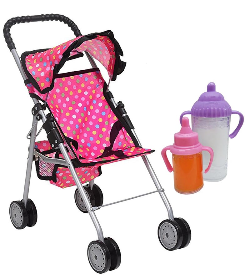 fash n kolor Doll Stroller My First Baby Doll Strollers Toy Flower Design with Basket in The Bottom Doll Accessories 2 Free Magic Bottles Included Polka Dot