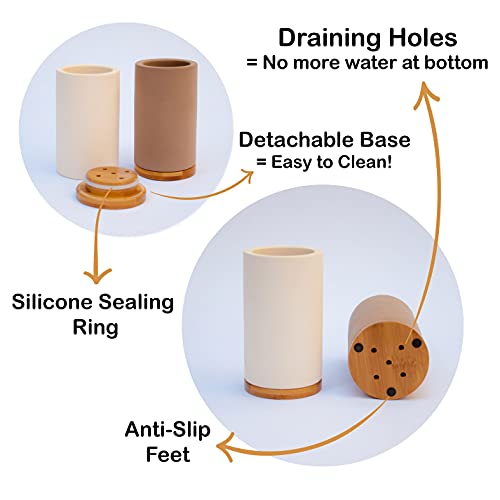 Matani Bamboo Toothbrush Holder Diatomite Tooth Brush Organizer - Storage Stand for Small Bathroom & Counter - Removable Base & Drain Holes, Water-Absorbent & Quick-Drying (Light Grey) - Image 2