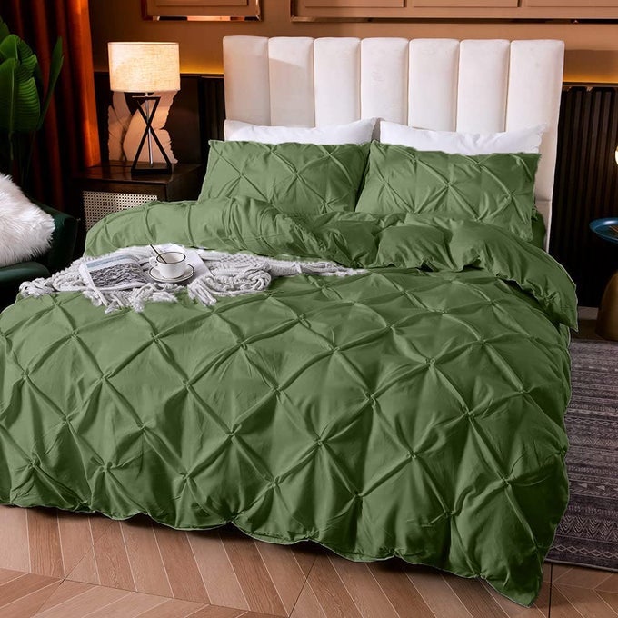 COTTON 600 THREAD COUNT LUXURIOUS PLEATED DESIGN DUVET COVER 1 DUVET COVER 90 X 100 WITH 2 PILLOW SHAMS 17 X 27QUEENKINGTWINDOUBLE BEDSINGLE BED DOUBLE SIZE OLIVE