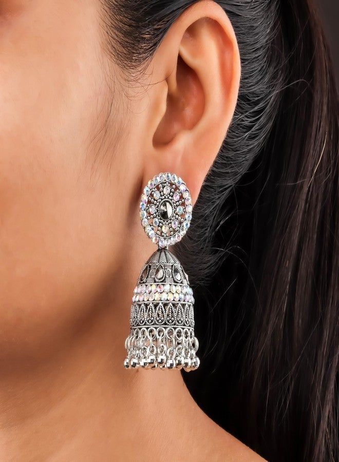 DEW MAT Jhumkas For Women Traditional, Earrings Set For Women Silver Oxidised with Iridescent Stones, Brass and Zinc Metal Oxidised -Toned (SILVER). - Image 2