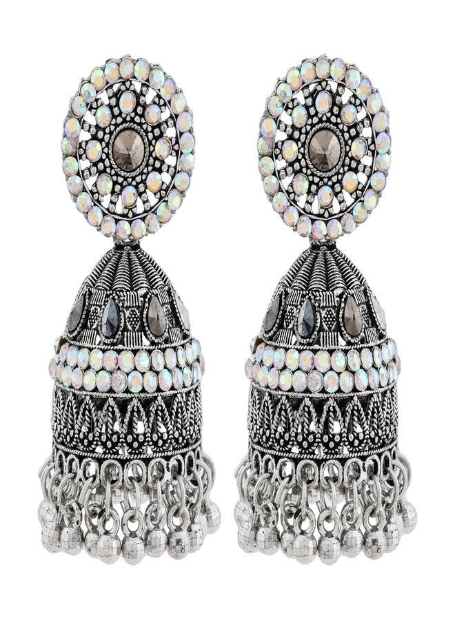 DEW MAT Jhumkas For Women Traditional, Earrings Set For Women Silver Oxidised with Iridescent Stones, Brass and Zinc Metal Oxidised -Toned (SILVER). - Image 1