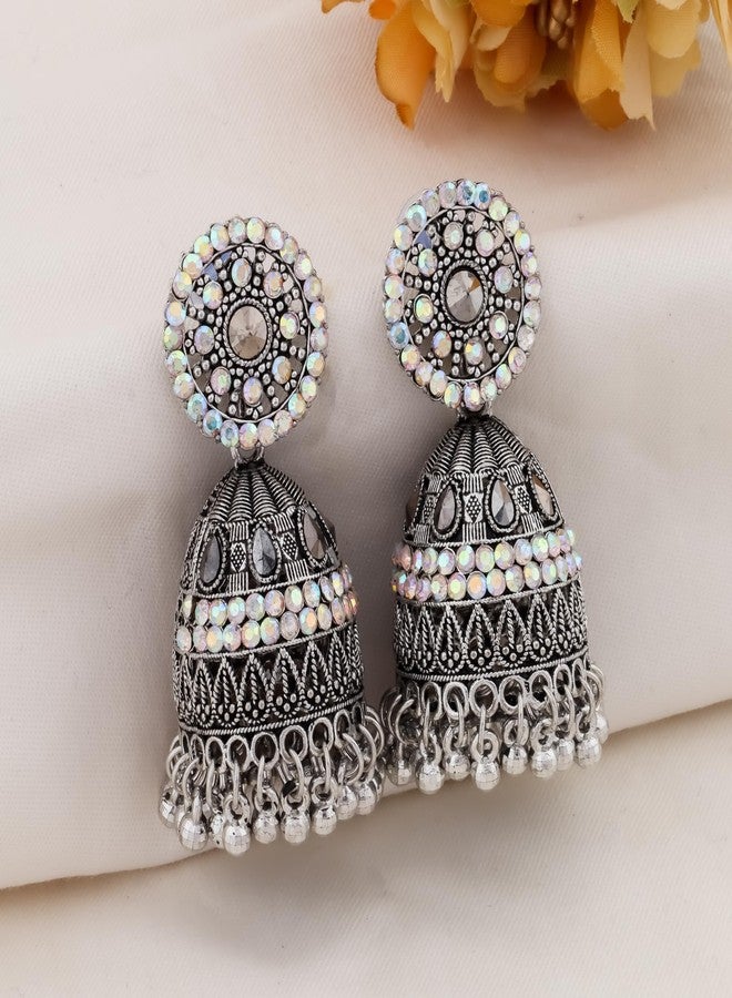 DEW MAT Jhumkas For Women Traditional, Earrings Set For Women Silver Oxidised with Iridescent Stones, Brass and Zinc Metal Oxidised -Toned (SILVER). - Image 3