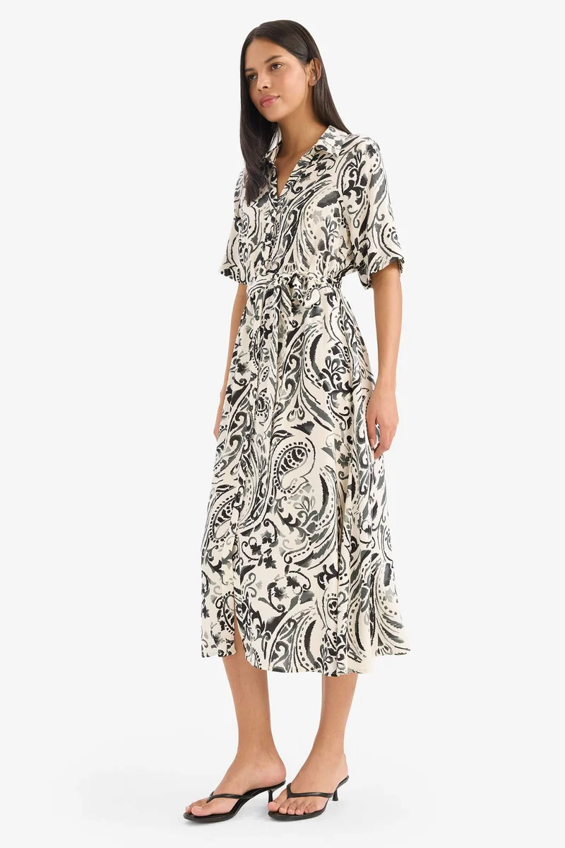 Defacto Shirt Collar Floral Patterned Belted Midi Dress