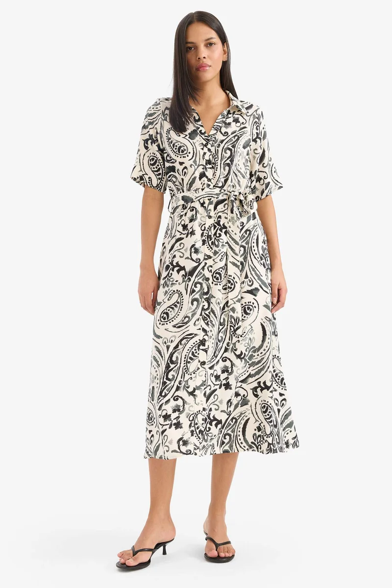 Defacto Shirt Collar Floral Patterned Belted Midi Dress