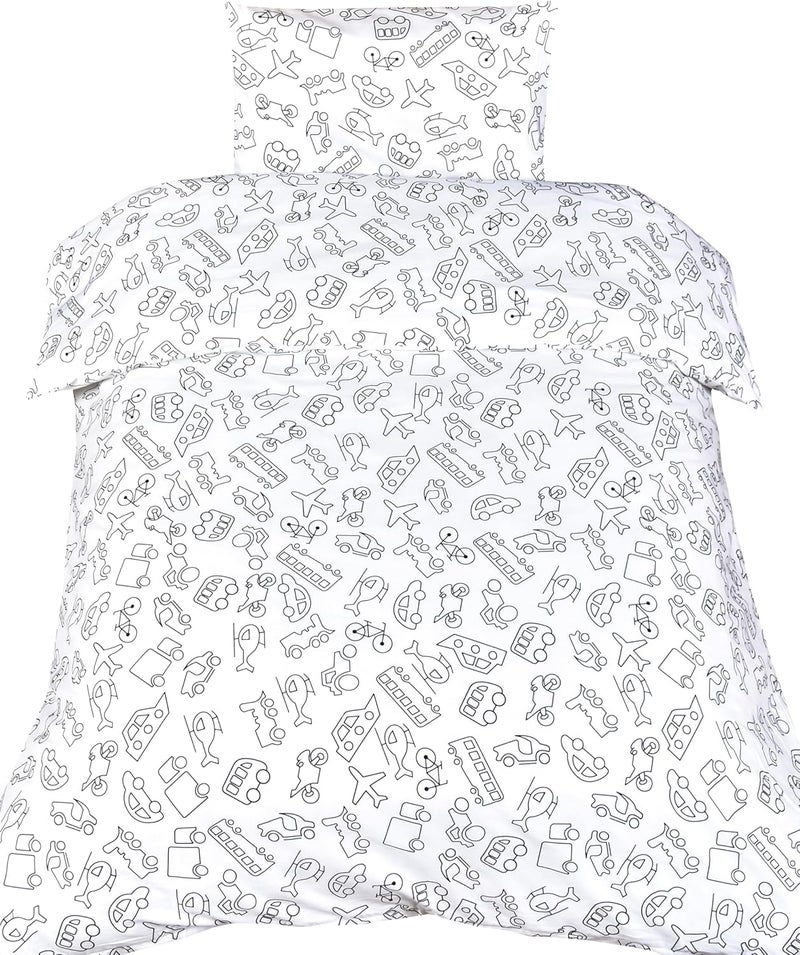 J-pinno غطاء لحاف كرتوني للأولاد والبنات مع سيارات وطائرات وسفن + مجموعة غطاء وسادة، إغلاق بسحاب، 100% قطن، لتزيين سرير الأطفال (سرير 47" × 59"، وسائل النقل) - Image 3