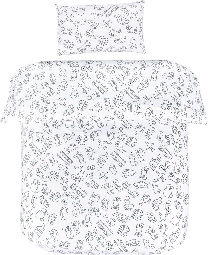 J-pinno غطاء لحاف كرتوني للأولاد والبنات مع سيارات وطائرات وسفن + مجموعة غطاء وسادة، إغلاق بسحاب، 100% قطن، لتزيين سرير الأطفال (سرير 47" × 59"، وسائل النقل) - Image 2