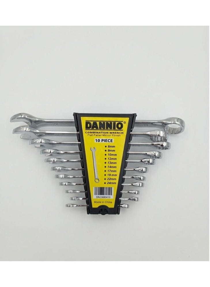 Dannio Combination Wrench Spanner Flat Panel Mirror Finish (8, 9, 10, 12, 13, 14, 17, 19, 22, 24 MM) 10-Pieces -Chrome Vanadium Steel Wrenches with Non-Slip Grip - Perfect for Automotive, DIY, and Home Repairs - Compact Rack Pack - Dannio - Image 3