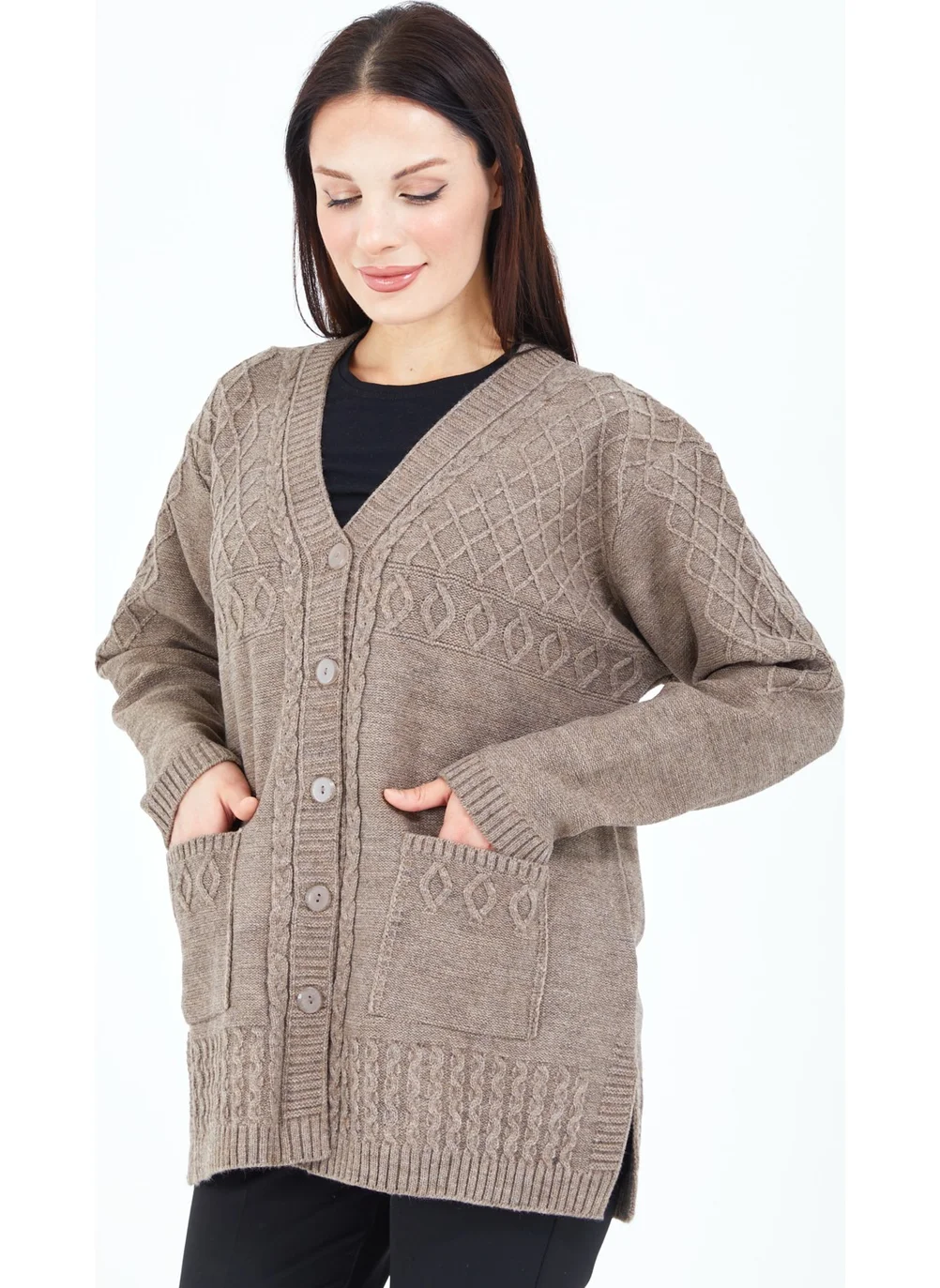 Stilmony Women's Mink Buttoned Wool Mother's Knitwear Short Cardigan