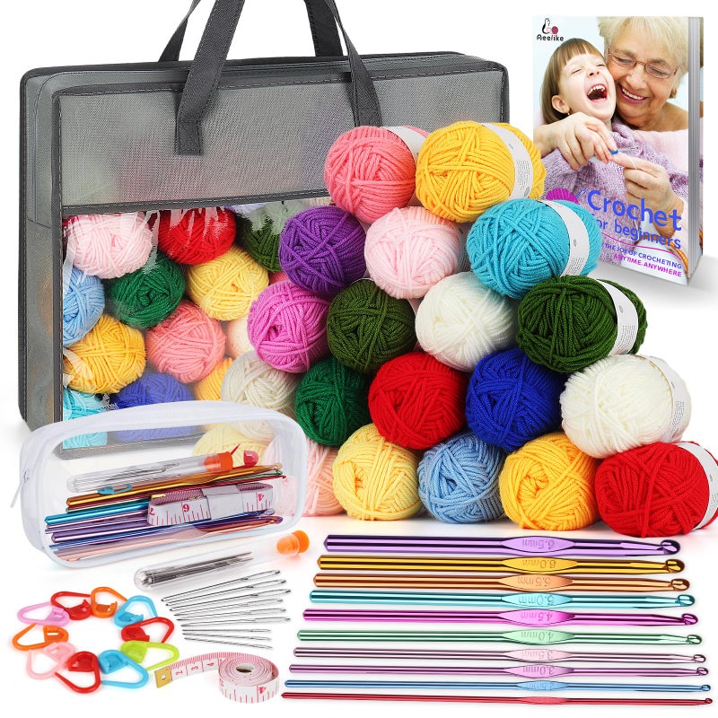 Aeelike Crochet Yarn for Crocheting, Aeelike 1093 Yards Acrylic Yarn for Knitting,Full Crochet Kits for Beginners and Professionals, Aluminum Crochet Hooks, Instruction Book and Grey Storage Bag - Image 1