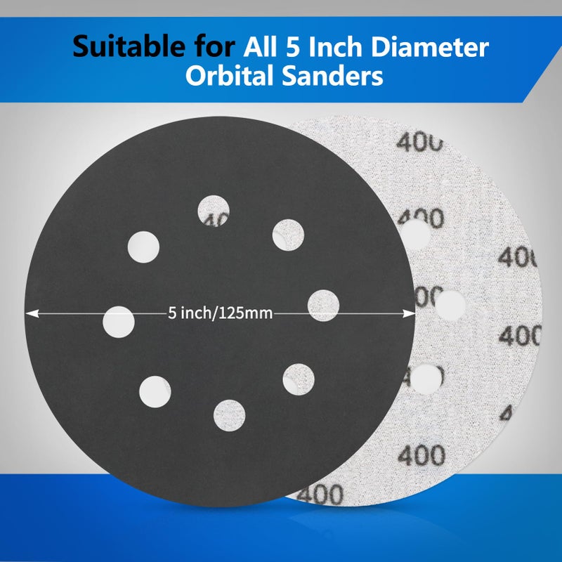 Vibra-TITE 70 Pieces Wet Dry Sanding Discs, VIBRATITE 5 Inch 8 Holes Hook and Loop Sandpaper 400/600/800/1000/1500/2000/3000 Assortment Grits for Orbital Sander Automotive Wood Metal Plastic Sanding Polishing - Image 2