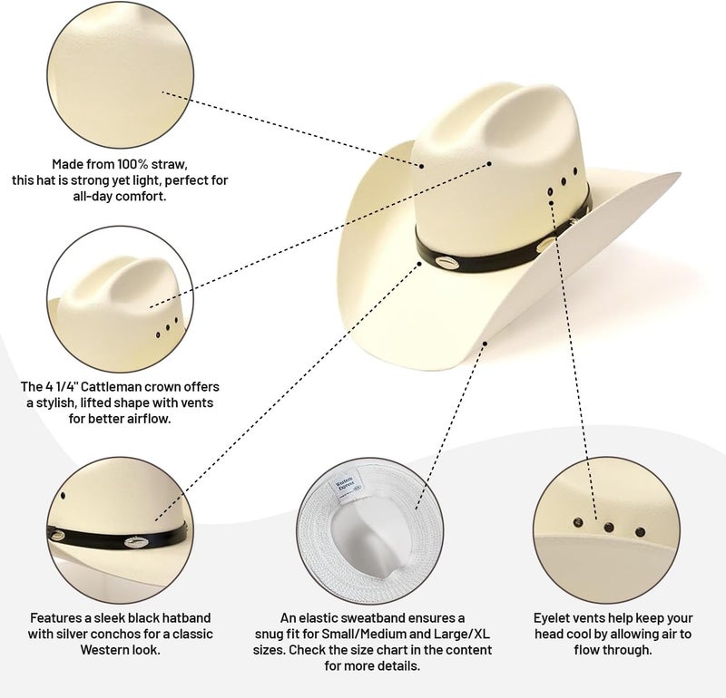 Western Express Natural Straw Cowboy Hat for Men and Women - Cattleman Style with Black Hat Band and Silver Conchos - Image 4