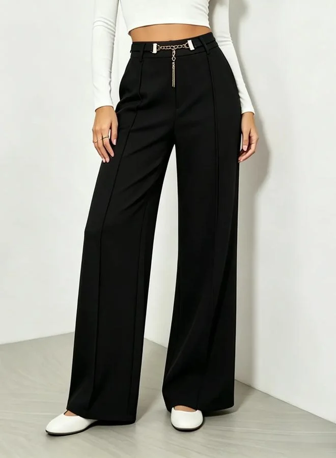 تايك تو Black High Rise Wide Leg Pants with Chain Detail