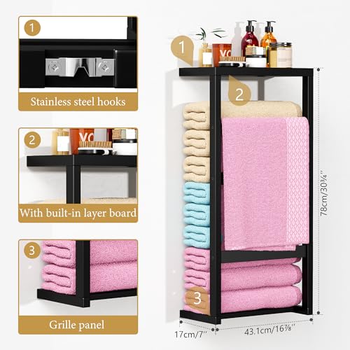 riteu Bamboo Wall Blanket Ladder, 4-Tier Towel Racks, Bamboo Bath Towel Racks for Bathroom Wall Mounted, Decorative Blanket, Quilt, Towel, Scarf Ladder Shelves for Bathroom, Living Room, Bedroom， Black - Image 4