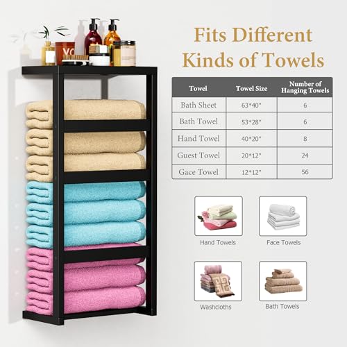 riteu Bamboo Wall Blanket Ladder, 4-Tier Towel Racks, Bamboo Bath Towel Racks for Bathroom Wall Mounted, Decorative Blanket, Quilt, Towel, Scarf Ladder Shelves for Bathroom, Living Room, Bedroom， Black - Image 2