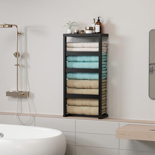 riteu Bamboo Wall Blanket Ladder, 4-Tier Towel Racks, Bamboo Bath Towel Racks for Bathroom Wall Mounted, Decorative Blanket, Quilt, Towel, Scarf Ladder Shelves for Bathroom, Living Room, Bedroom， Black - Image 3