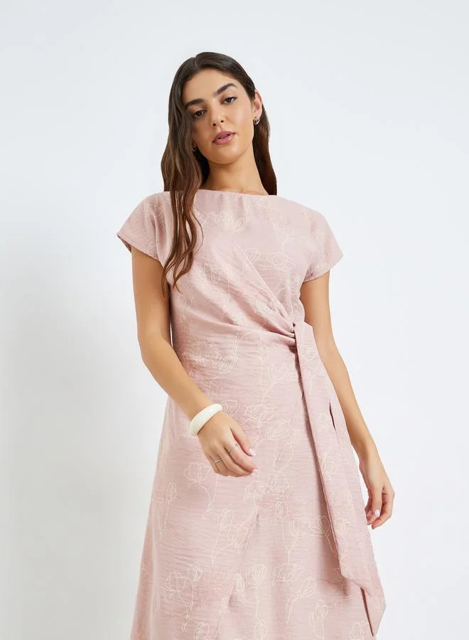 Styli Pink Floral Print Wrap Tie Midi Dress
