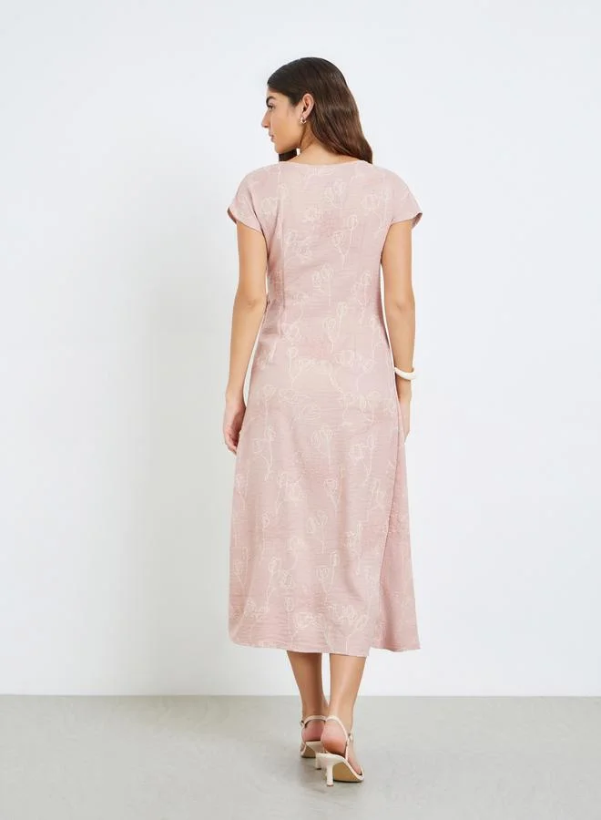 Styli  Pink Floral Print Wrap Tie Midi Dress for Women | Best Price UAE