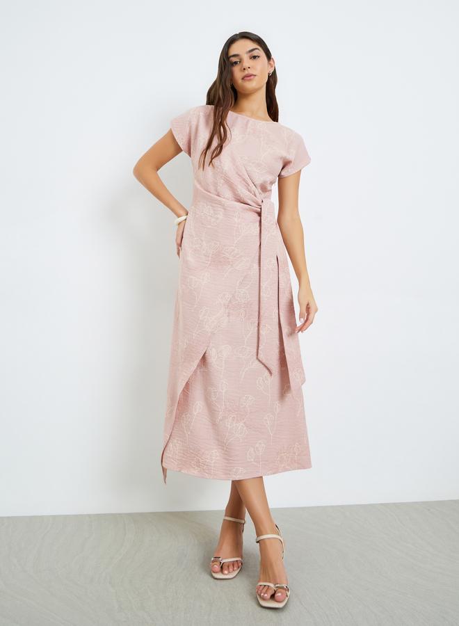 Pink Floral Print Wrap Tie Midi Dress
