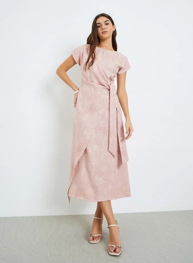 Styli Pink Floral Print Wrap Tie Midi Dress