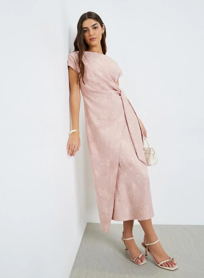 Styli  Pink Floral Print Wrap Tie Midi Dress for Women | Best Price UAE