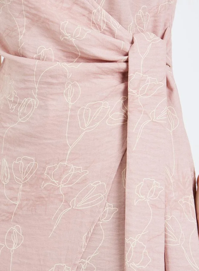 Styli  Pink Floral Print Wrap Tie Midi Dress for Women | Best Price UAE