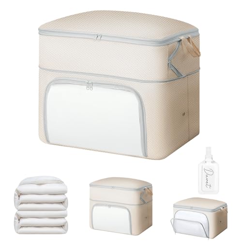 Easortm Comforter Storage Bag - Large Capacity Blanket Storage Bags Front-opening Ultra Space Saving Self Compression Organizer, Washable Compression Bags for Storage Comforter Blanket, 1 Pack, Beige - Image 1