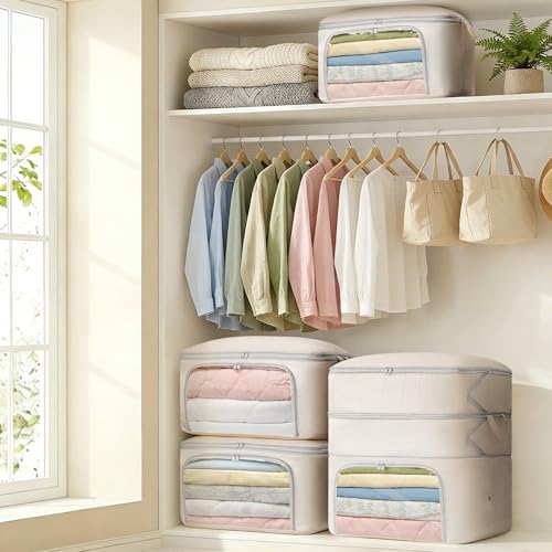 Easortm Comforter Storage Bag - Large Capacity Blanket Storage Bags Front-opening Ultra Space Saving Self Compression Organizer, Washable Compression Bags for Storage Comforter Blanket, 1 Pack, Beige - Image 5
