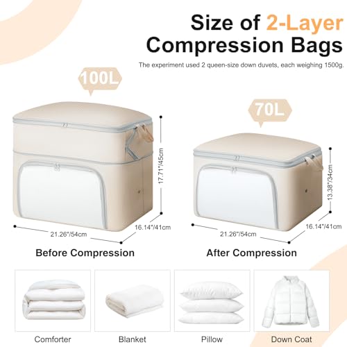 Easortm Comforter Storage Bag - Large Capacity Blanket Storage Bags Front-opening Ultra Space Saving Self Compression Organizer, Washable Compression Bags for Storage Comforter Blanket, 1 Pack, Beige - Image 2