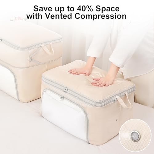 Easortm Comforter Storage Bag - Large Capacity Blanket Storage Bags Front-opening Ultra Space Saving Self Compression Organizer, Washable Compression Bags for Storage Comforter Blanket, 1 Pack, Beige - Image 3