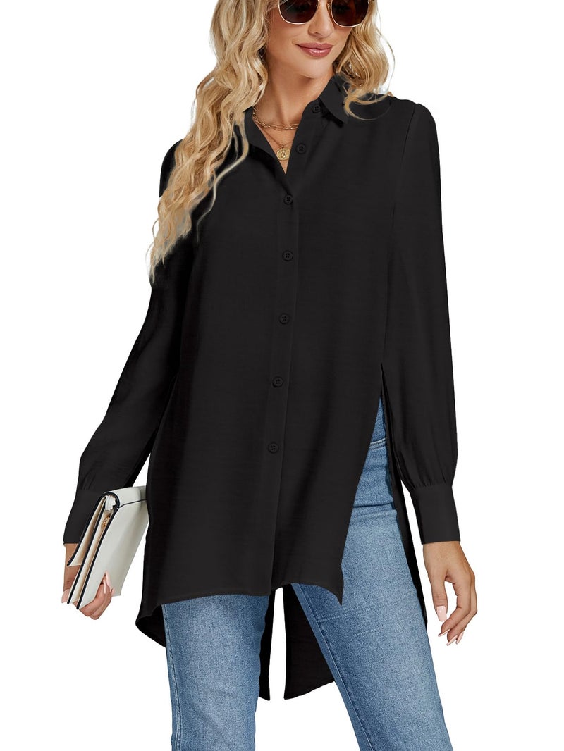 LYANER Women's Collar V Neck Split Hem Button Down Long Sleeve Long Shirt Blouse Tunic Top Black Medium - Image 1