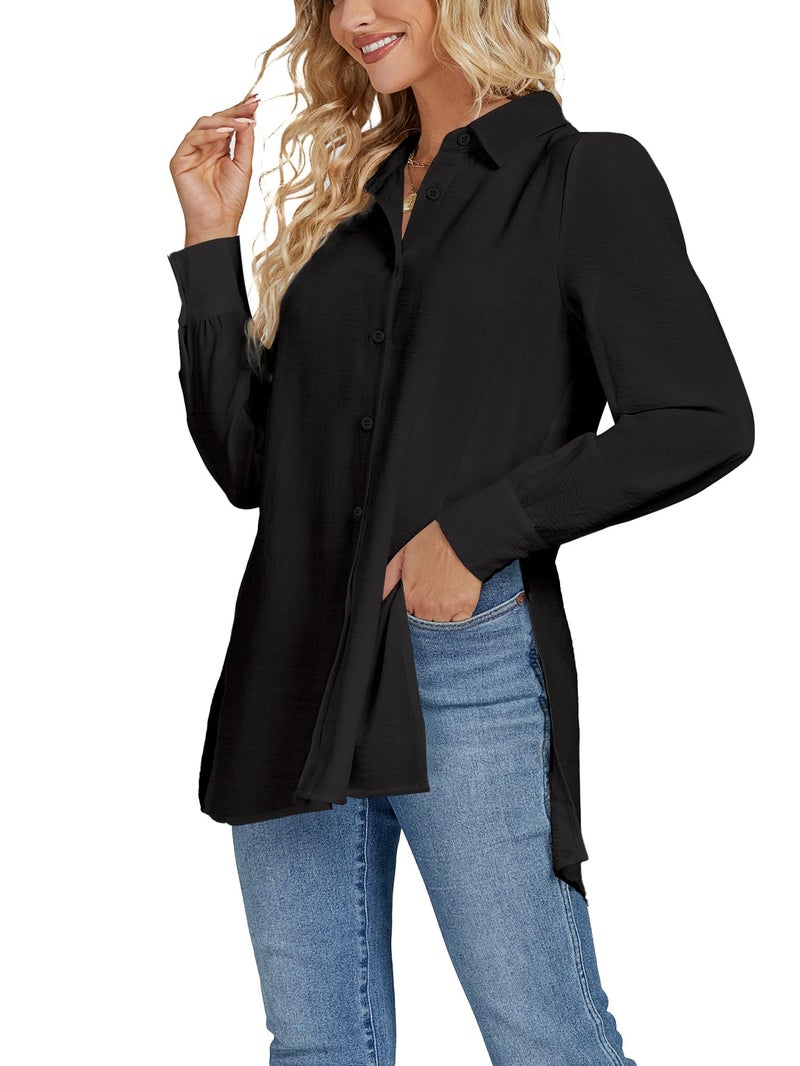 LYANER Women's Collar V Neck Split Hem Button Down Long Sleeve Long Shirt Blouse Tunic Top Black Medium - Image 3