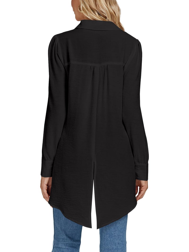 LYANER Women's Collar V Neck Split Hem Button Down Long Sleeve Long Shirt Blouse Tunic Top Black Medium - Image 2