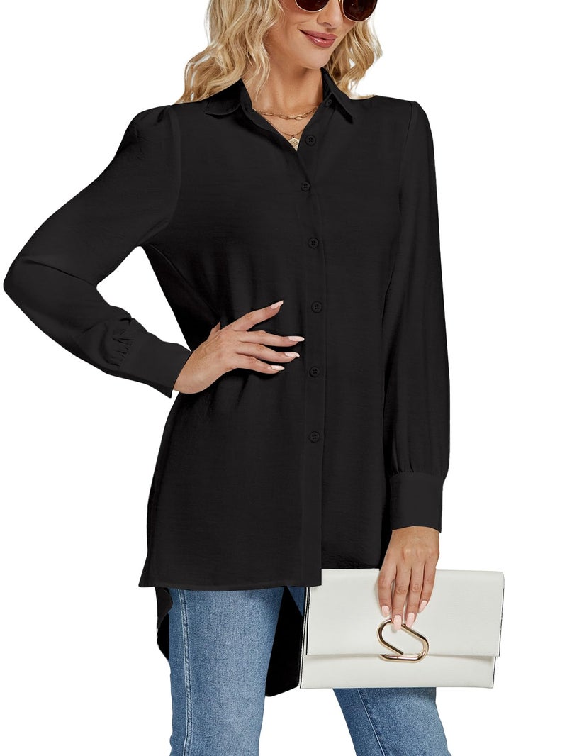 LYANER Women's Collar V Neck Split Hem Button Down Long Sleeve Long Shirt Blouse Tunic Top Black Medium - Image 4
