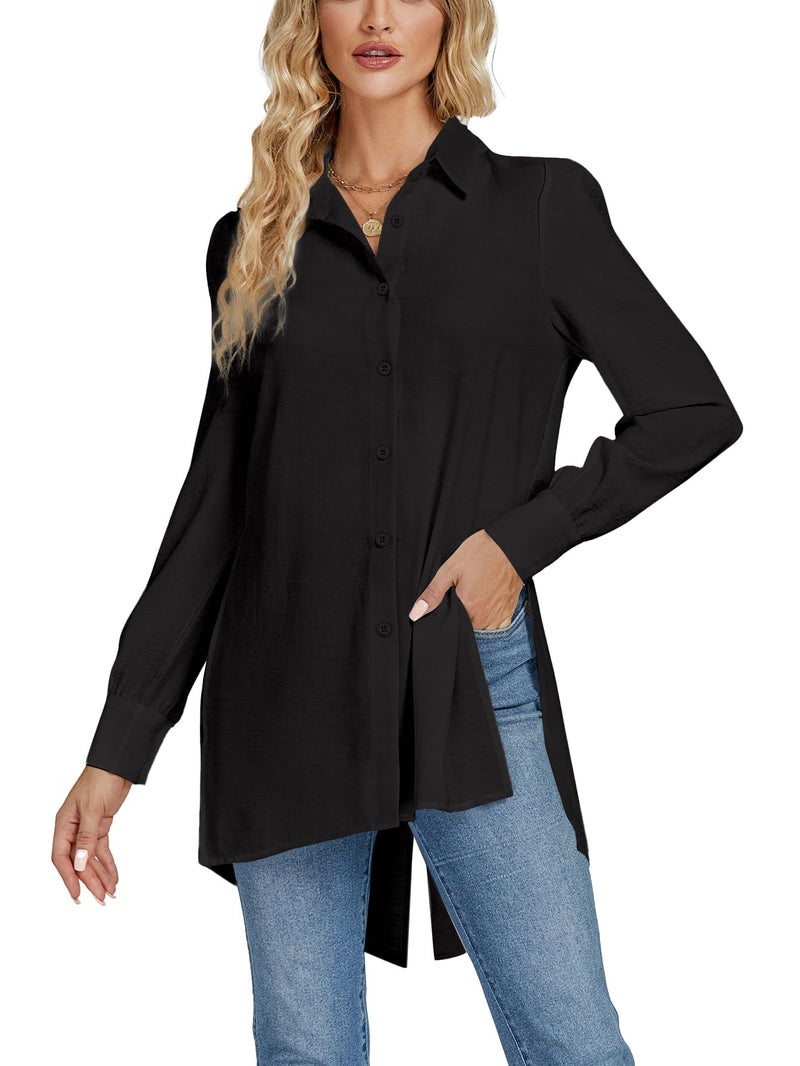 LYANER Women's Collar V Neck Split Hem Button Down Long Sleeve Long Shirt Blouse Tunic Top Black Medium - Image 5