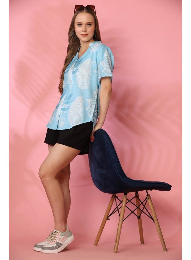 ENCIGER Womens Casual Shirt Soft Beach Shirts Floral Tropic Print V Neck T-Shirt Short Sleeve Button Up Tops (WMS1_Sky Blue_XL) - Image 3