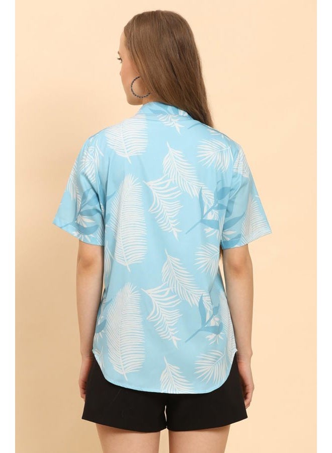 ENCIGER Womens Casual Shirt Soft Beach Shirts Floral Tropic Print V Neck T-Shirt Short Sleeve Button Up Tops (WMS1_Sky Blue_XL) - Image 2