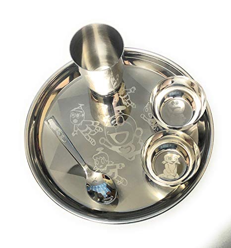 A2S A2S Laser Print Stainless Steel Round Lunch Dinner Set for Kids 1 Plate 2 Curry Bowl 1 Glass and 1 Spoon  - Image 1