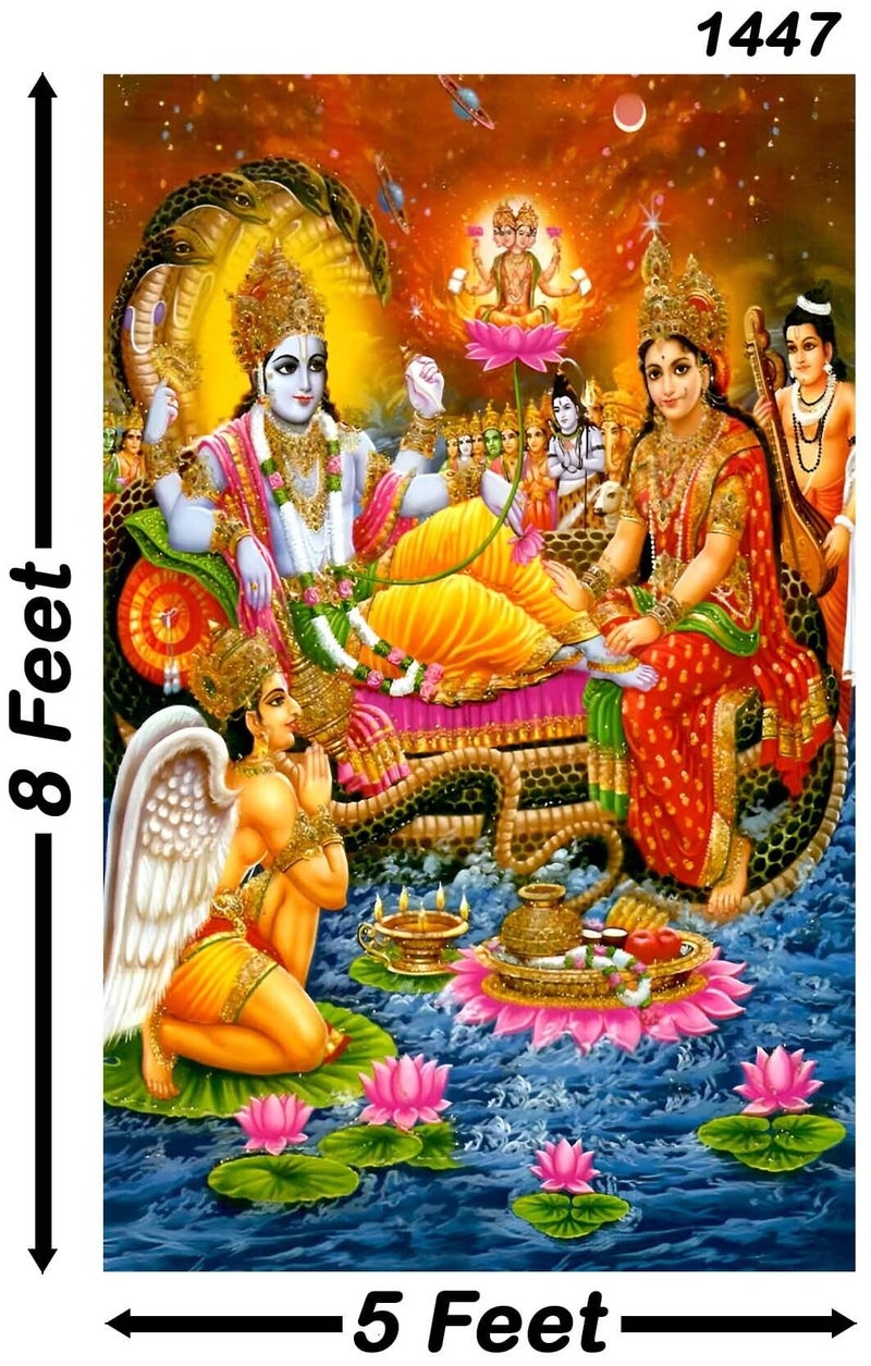 Backdropon Lord Lakshmi Narayan Design Backdrop Cloth for Pooja Decoration Traditional/Background Curtain Cloth for Festival Size 8 Feet Height and 5 Feet Width(8 * 5) - Image 2