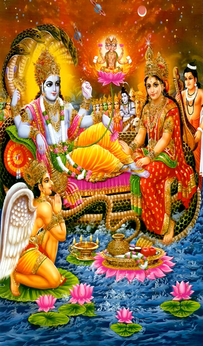 Backdropon Lord Lakshmi Narayan Design Backdrop Cloth for Pooja Decoration Traditional/Background Curtain Cloth for Festival Size 8 Feet Height and 5 Feet Width(8 * 5) - Image 1