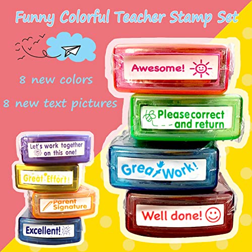 Bertiveny Teacher Stamps for Grading Classroom,Parent Signature Self-Inking Teacher Stamp Set School Supplies Stamps for Homework Reward with 8 pcs Classroom Supplies for School Elementary(Rainbow) - Image 2