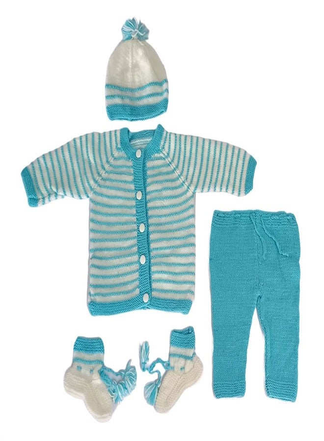 Cute Collection Hand Made New Born Baby Woolen Sweater with Pyjami Cap and Pair of Booties 6 to 9 Months Baby Boy's and Girls Blue with White - Image 1