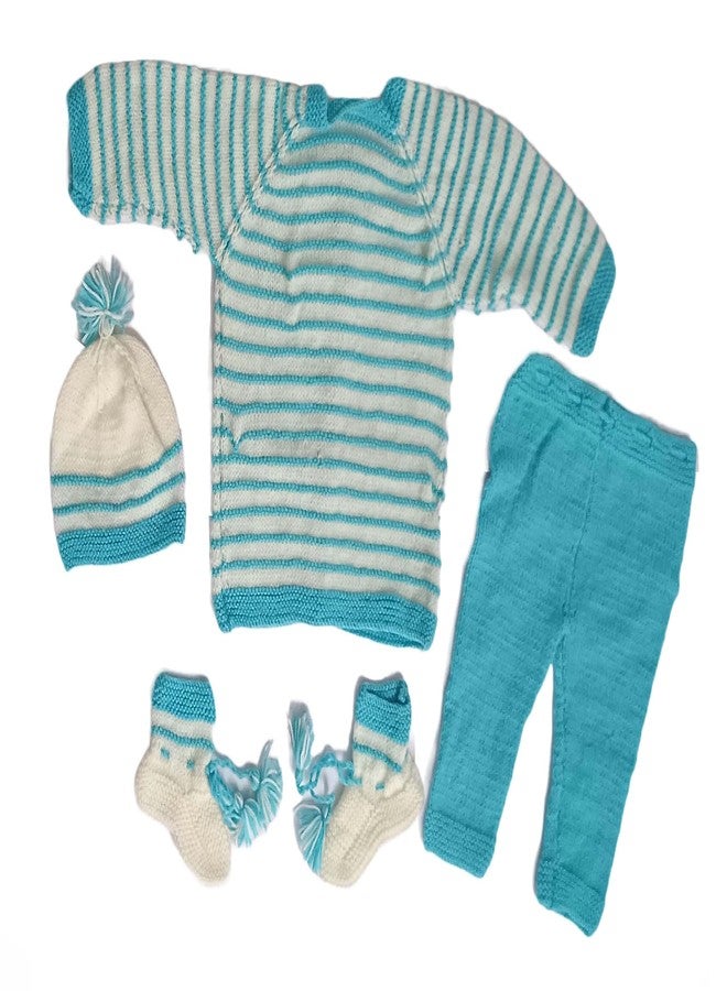 Cute Collection Hand Made New Born Baby Woolen Sweater with Pyjami Cap and Pair of Booties 6 to 9 Months Baby Boy's and Girls Blue with White - Image 2
